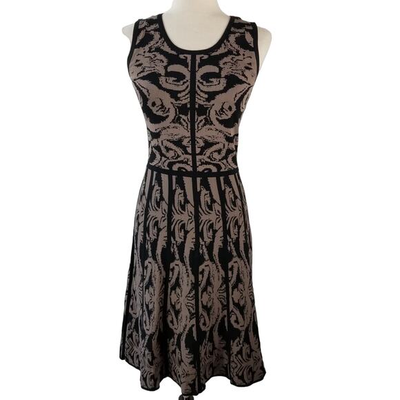 Carmen Marc Valvo Damask Black Brown Knit Fit & Flare Dress Medium - Picture 1 of 6
